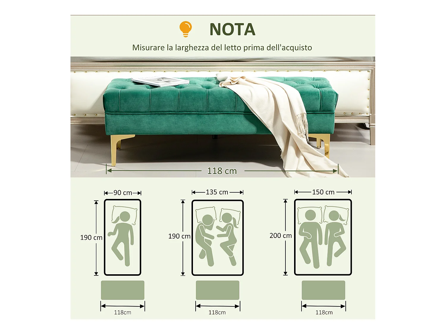 Panca fondo letto in tessuto effetto velluto trapuntato verde scuro