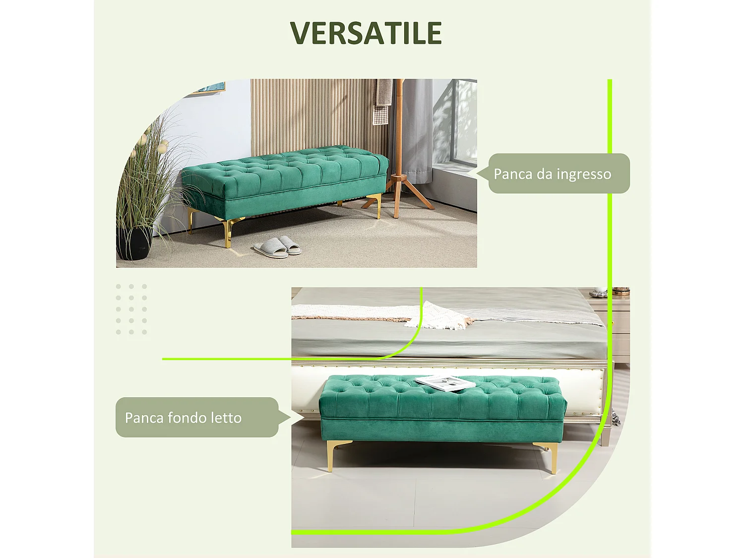 Panca fondo letto in tessuto effetto velluto trapuntato verde scuro