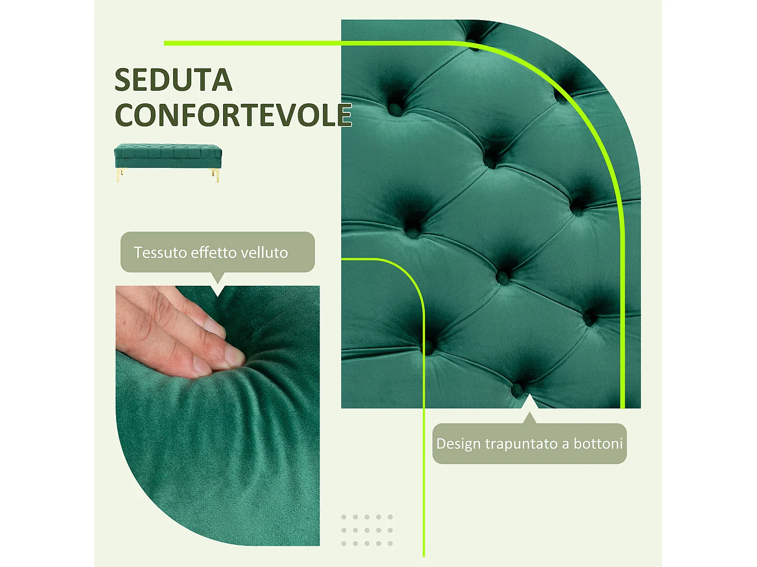 Panca fondo letto in tessuto effetto velluto trapuntato verde scuro