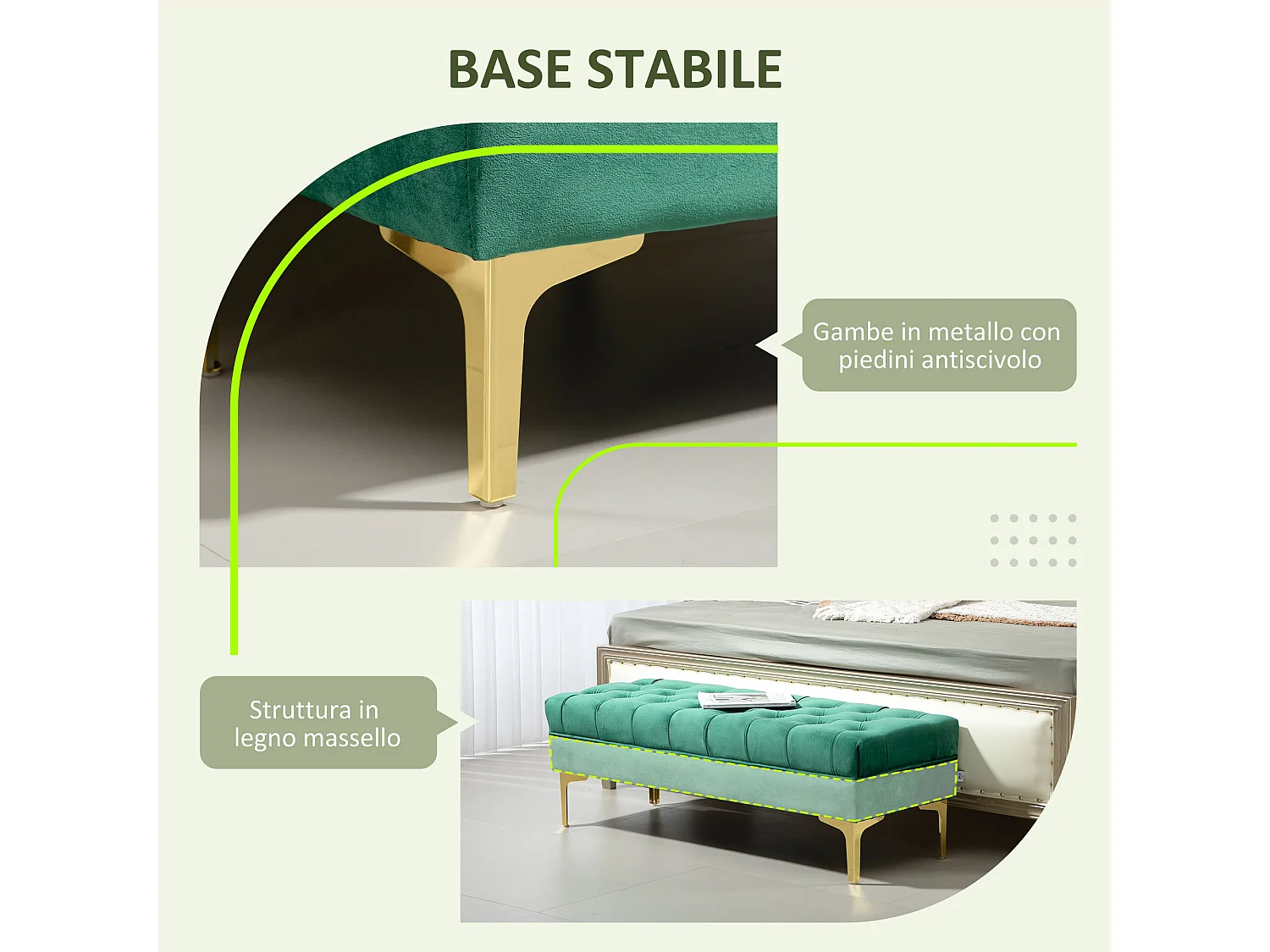 Panca fondo letto in tessuto effetto velluto trapuntato verde scuro