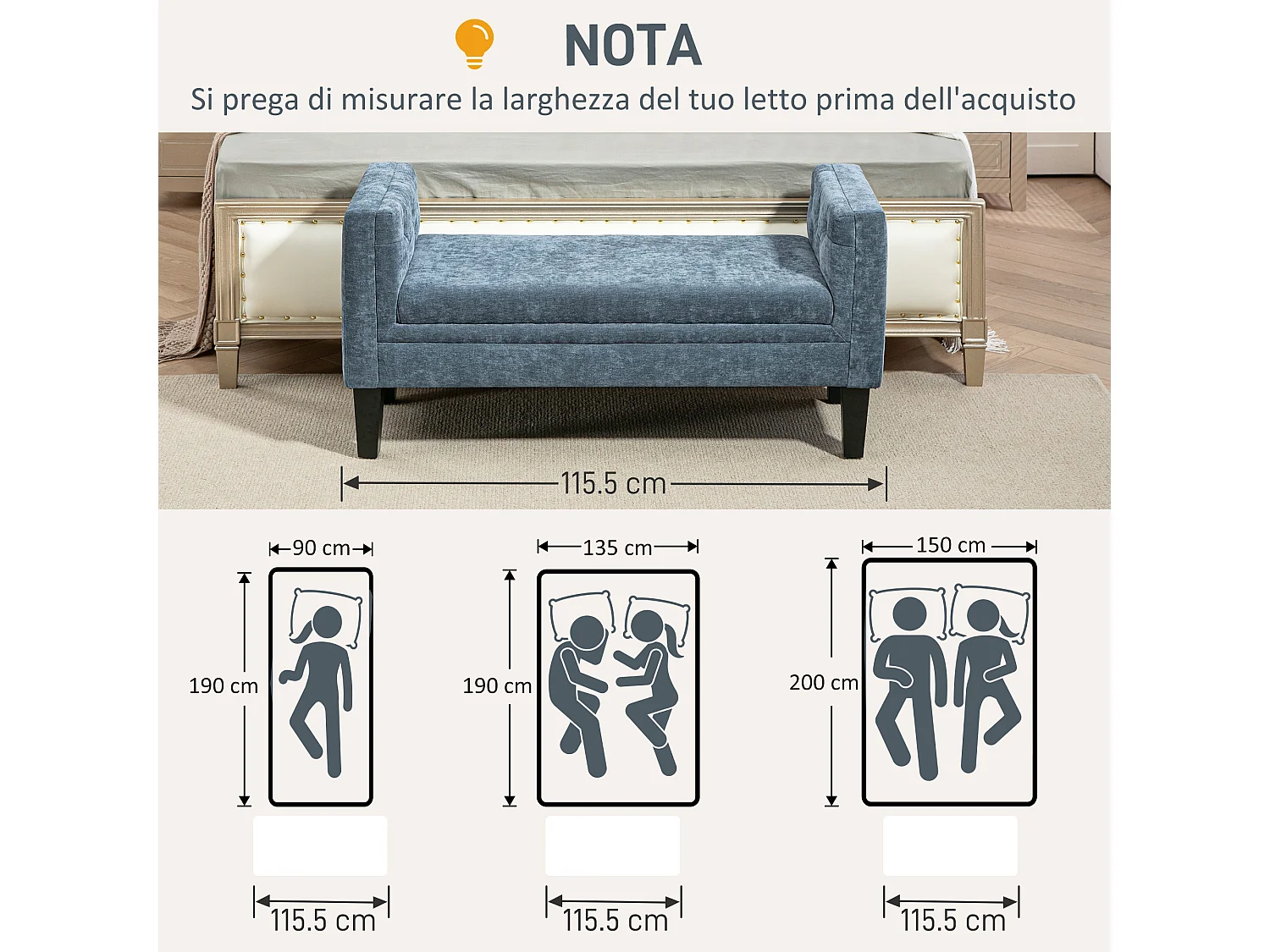 Panca fondoletto con braccioli 2 cuscini in ciniglia legno grigio nero