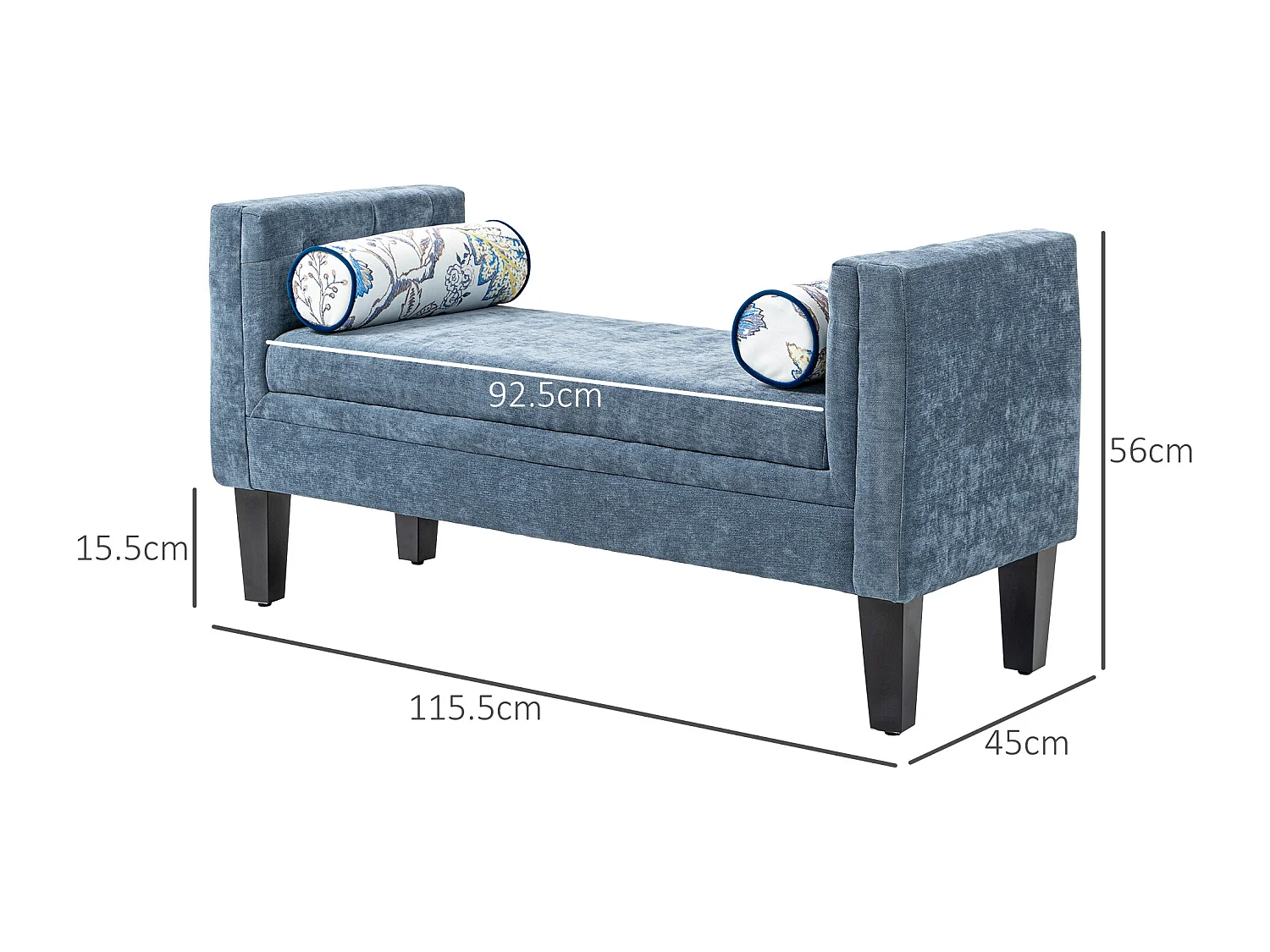 Panca fondoletto con braccioli 2 cuscini in ciniglia legno grigio nero