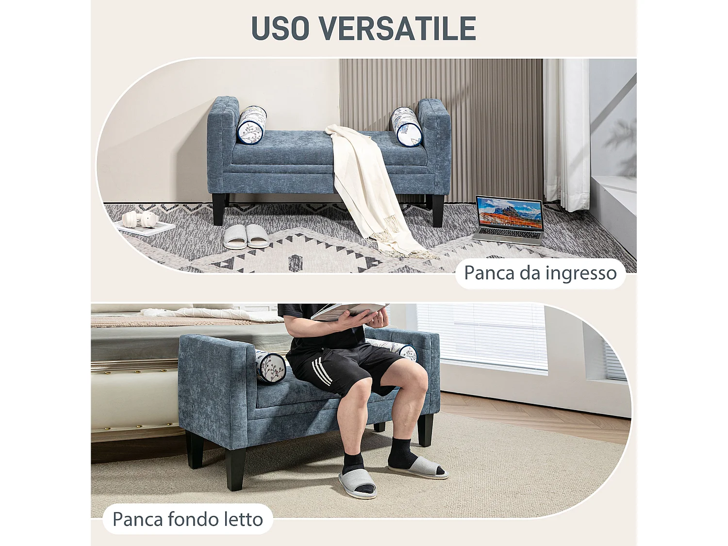 Panca fondoletto con braccioli 2 cuscini in ciniglia legno grigio nero