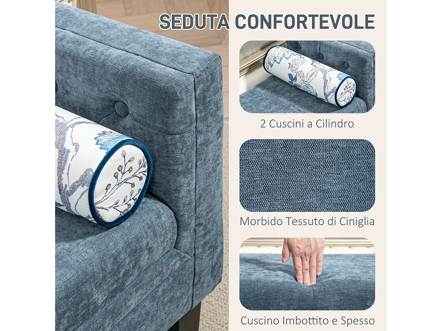 Panca fondoletto con braccioli 2 cuscini in ciniglia legno grigio nero