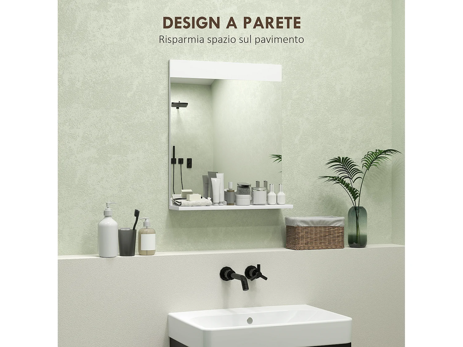 Specchio bagno da parete moderno con mensola portaoggetti bianco