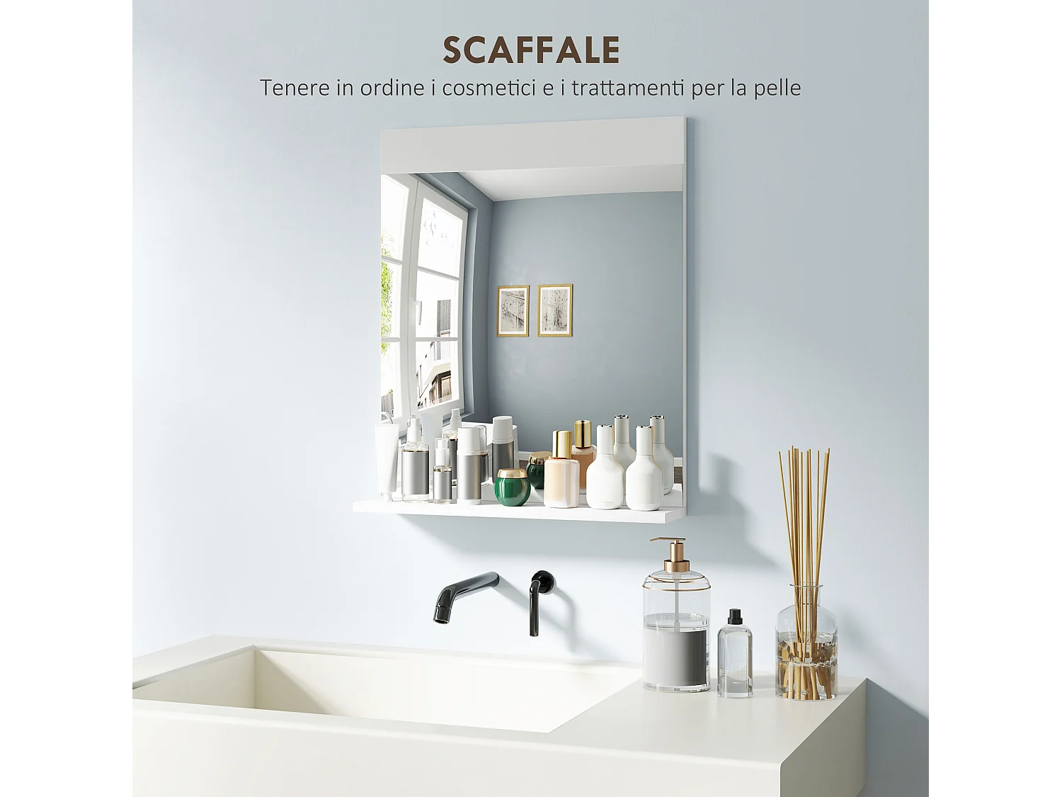 Specchio bagno da parete moderno con mensola portaoggetti bianco