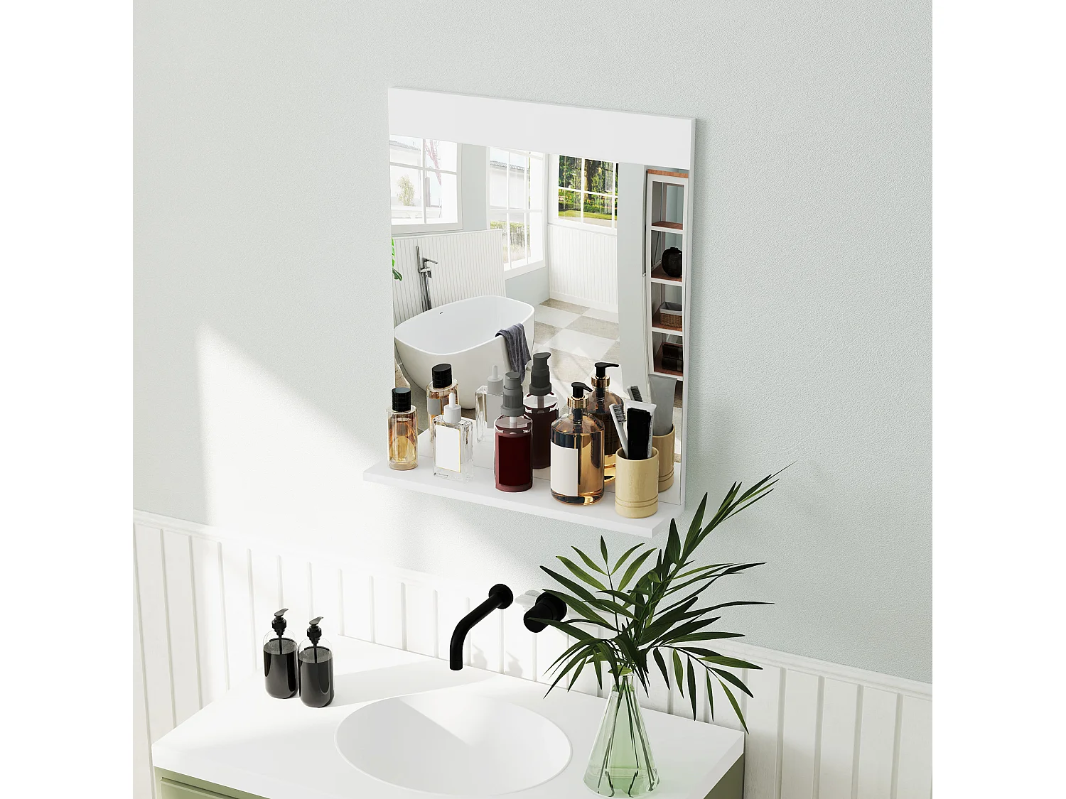 Specchio bagno da parete moderno con mensola portaoggetti bianco