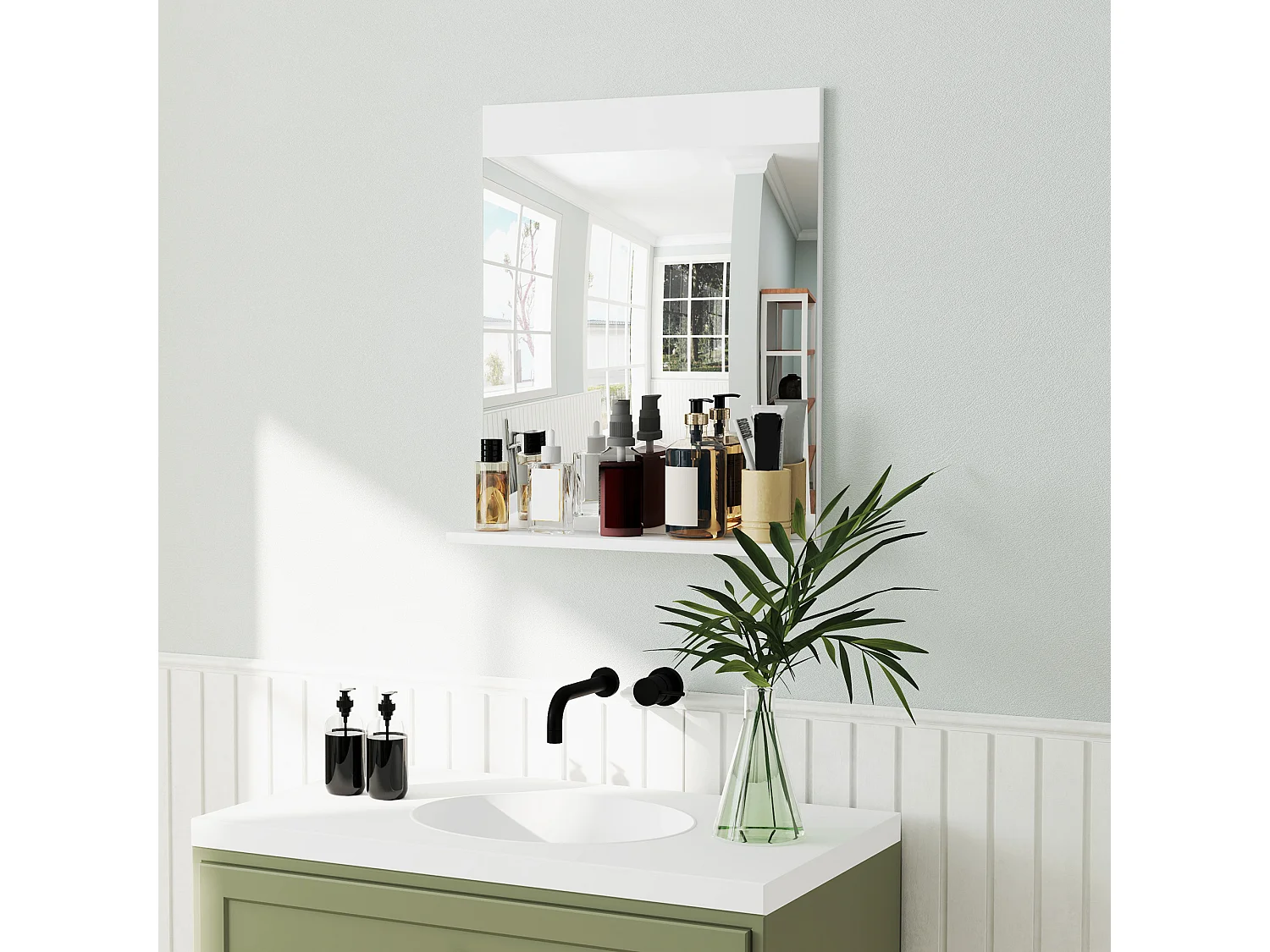 Specchio bagno da parete moderno con mensola portaoggetti bianco