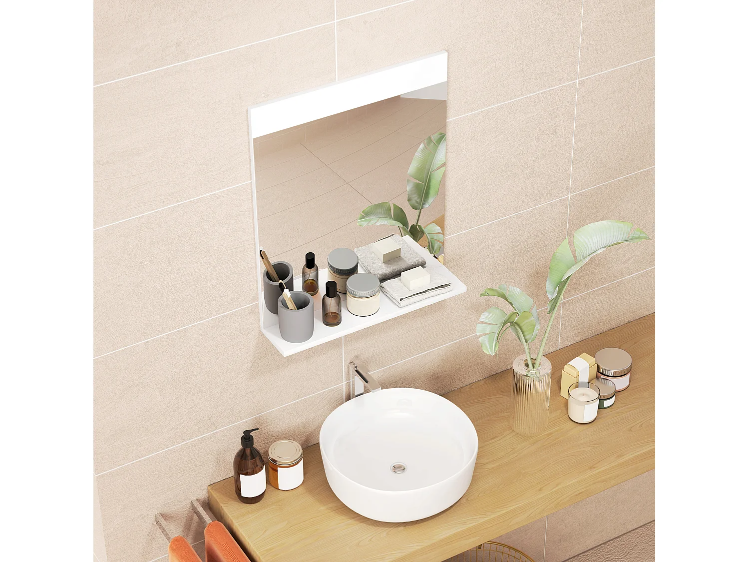 Specchio bagno da parete moderno con mensola portaoggetti bianco