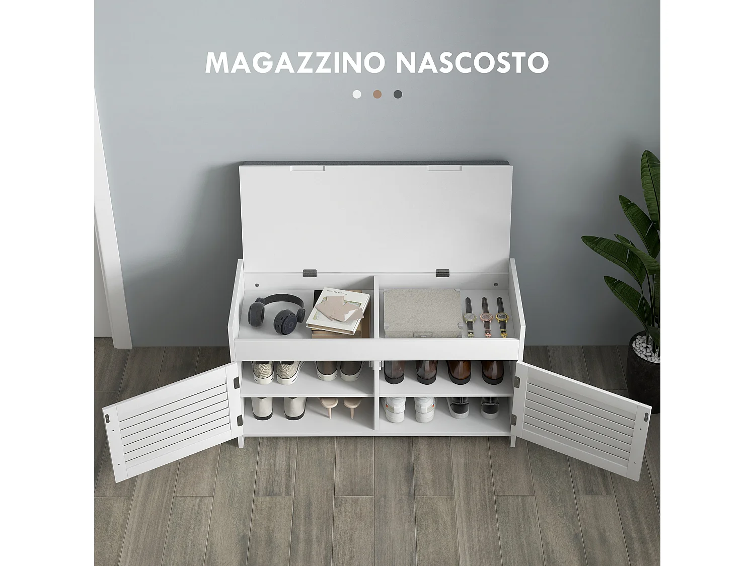 Panca scarpiera con ripiano interno regolabile bianco e grigio