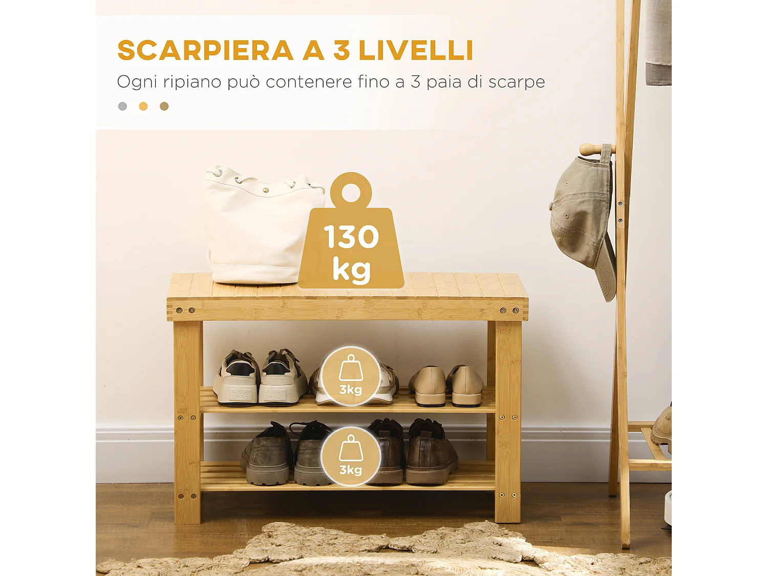 Panca scarpiera bassa con 2 ripiani a doghe in bambù