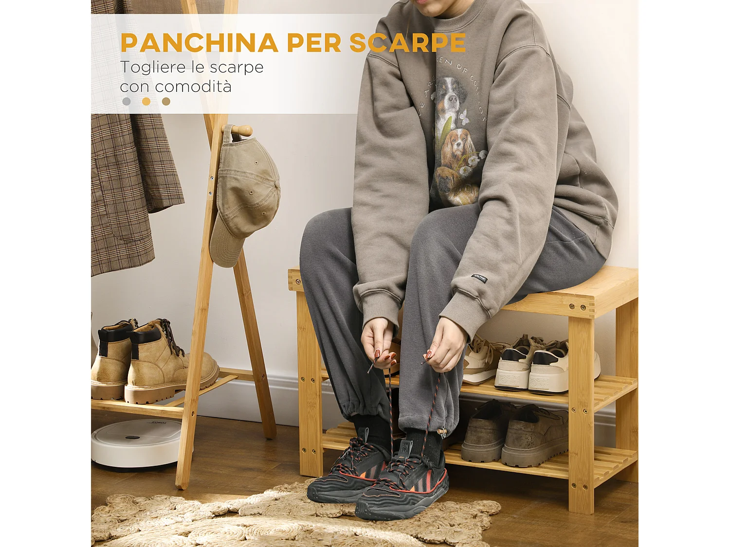 Panca scarpiera bassa con 2 ripiani a doghe in bambù