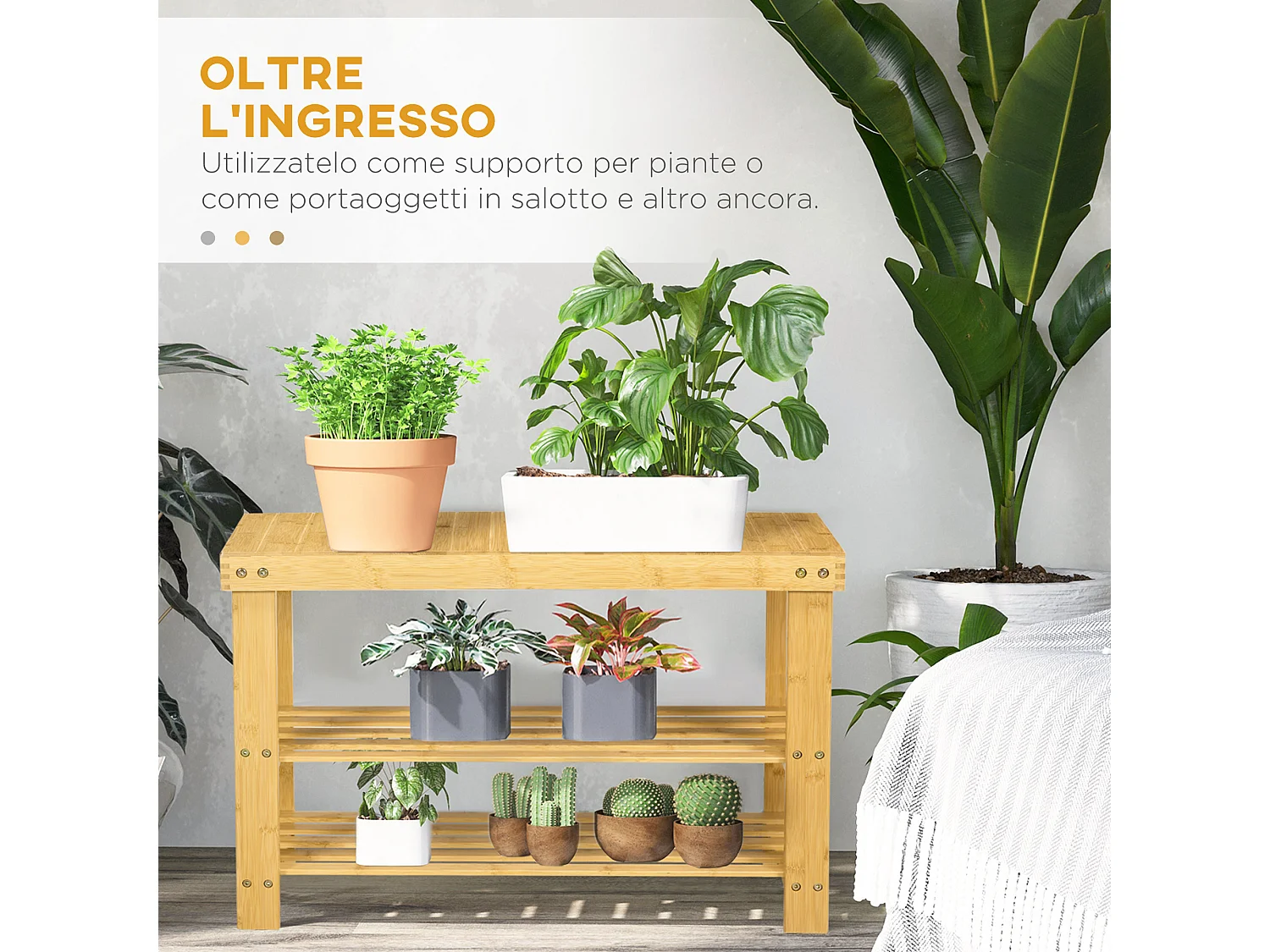 Panca scarpiera bassa con 2 ripiani a doghe in bambù