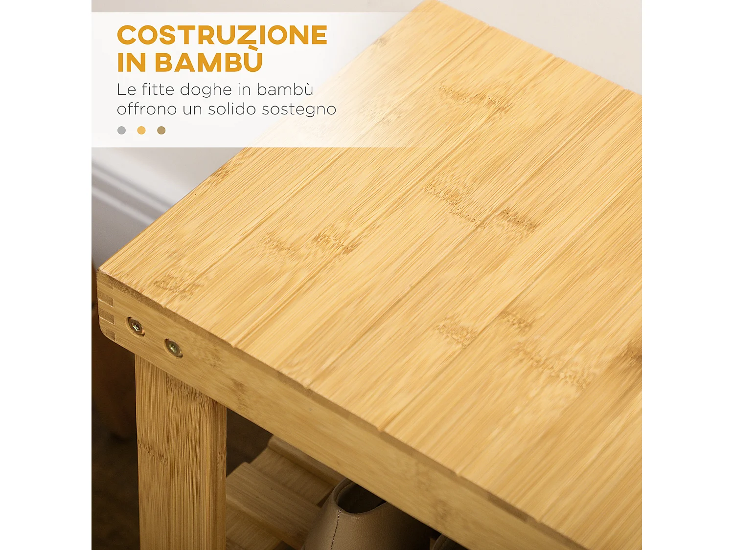 Panca scarpiera bassa con 2 ripiani a doghe in bambù