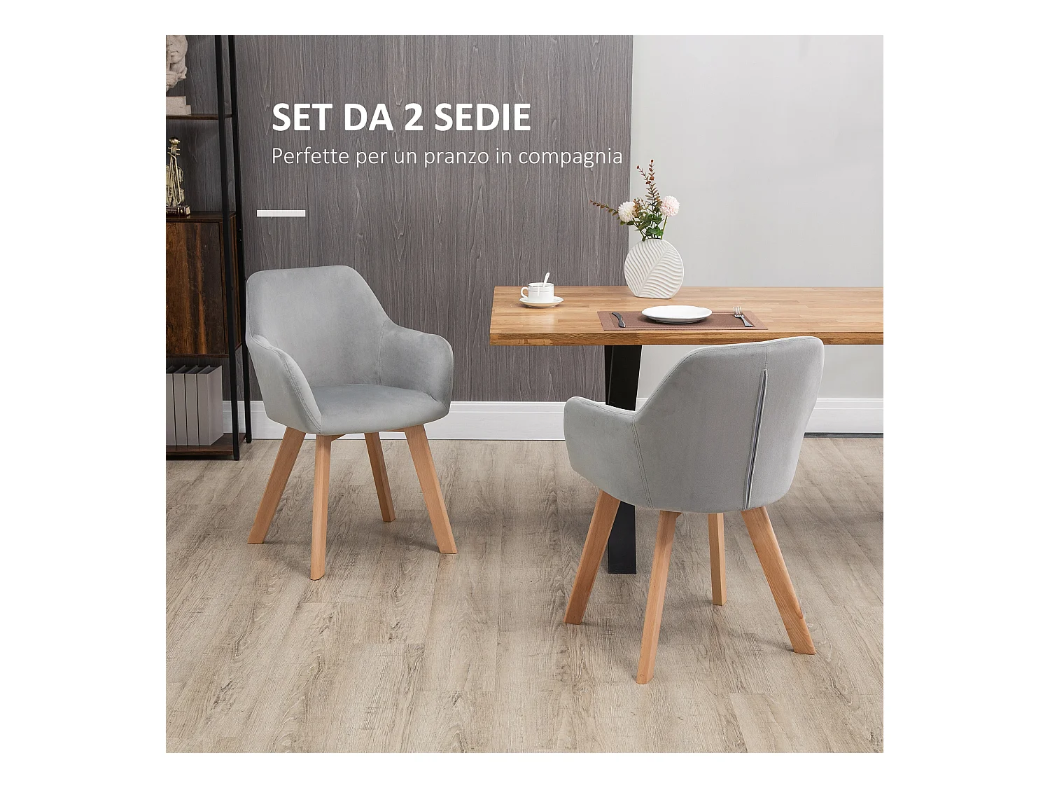 Set 2 sedie per sala da pranzo in velluto con braccioli grigio