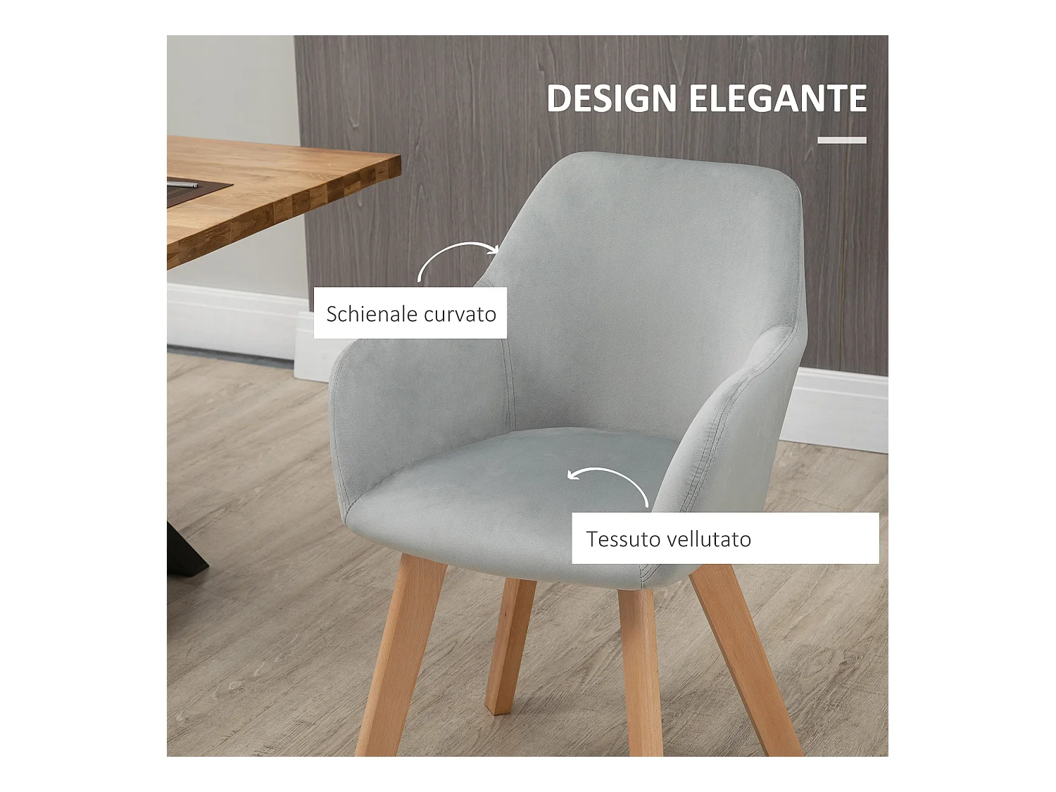 Set 2 sedie per sala da pranzo in velluto con braccioli grigio