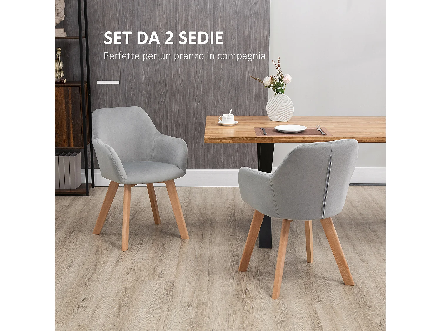 Set 2 sedie per sala da pranzo in velluto con braccioli grigio