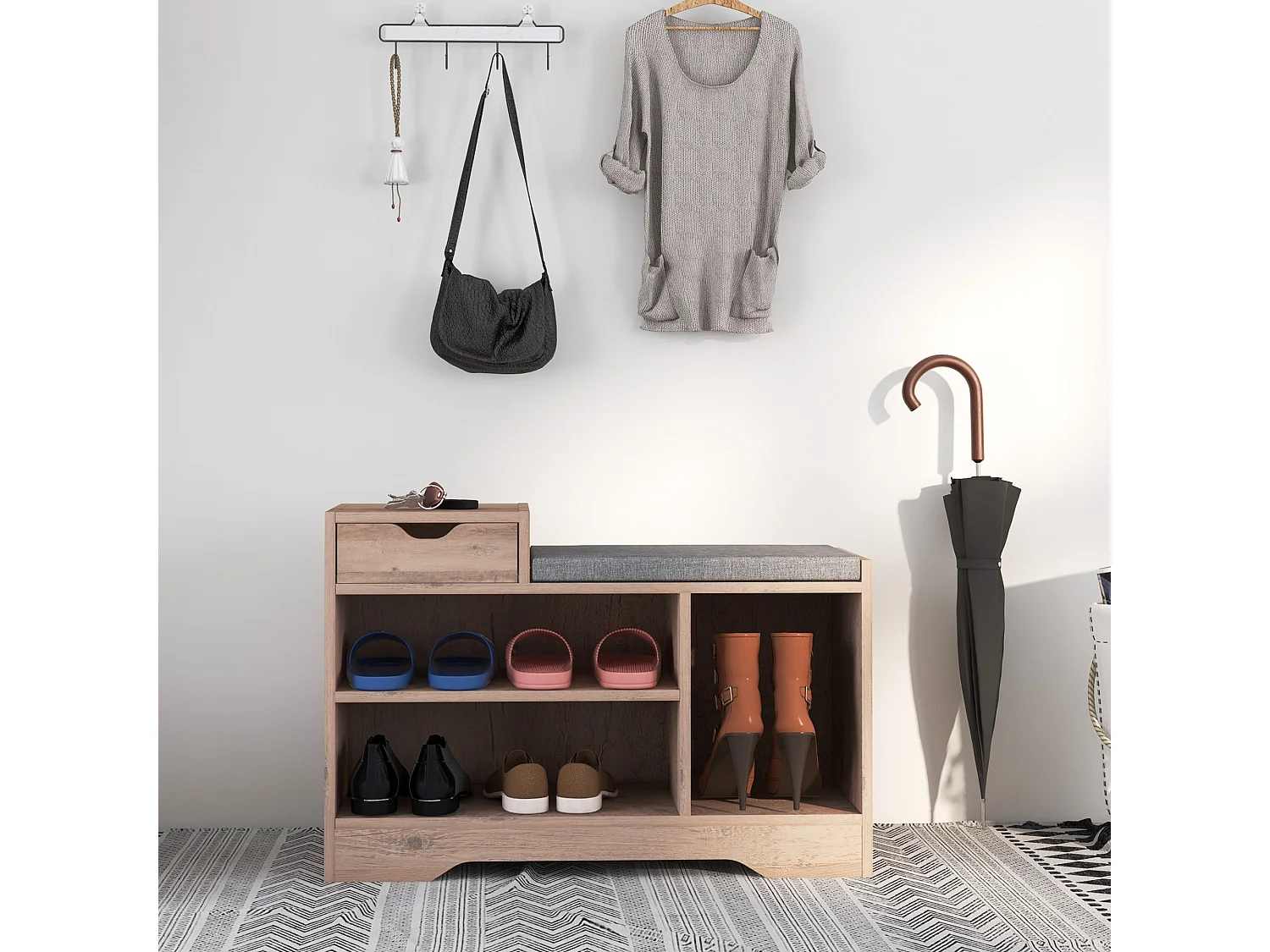 Panca scarpiera moderna con 3 ripiani e cassetti in legno grigio