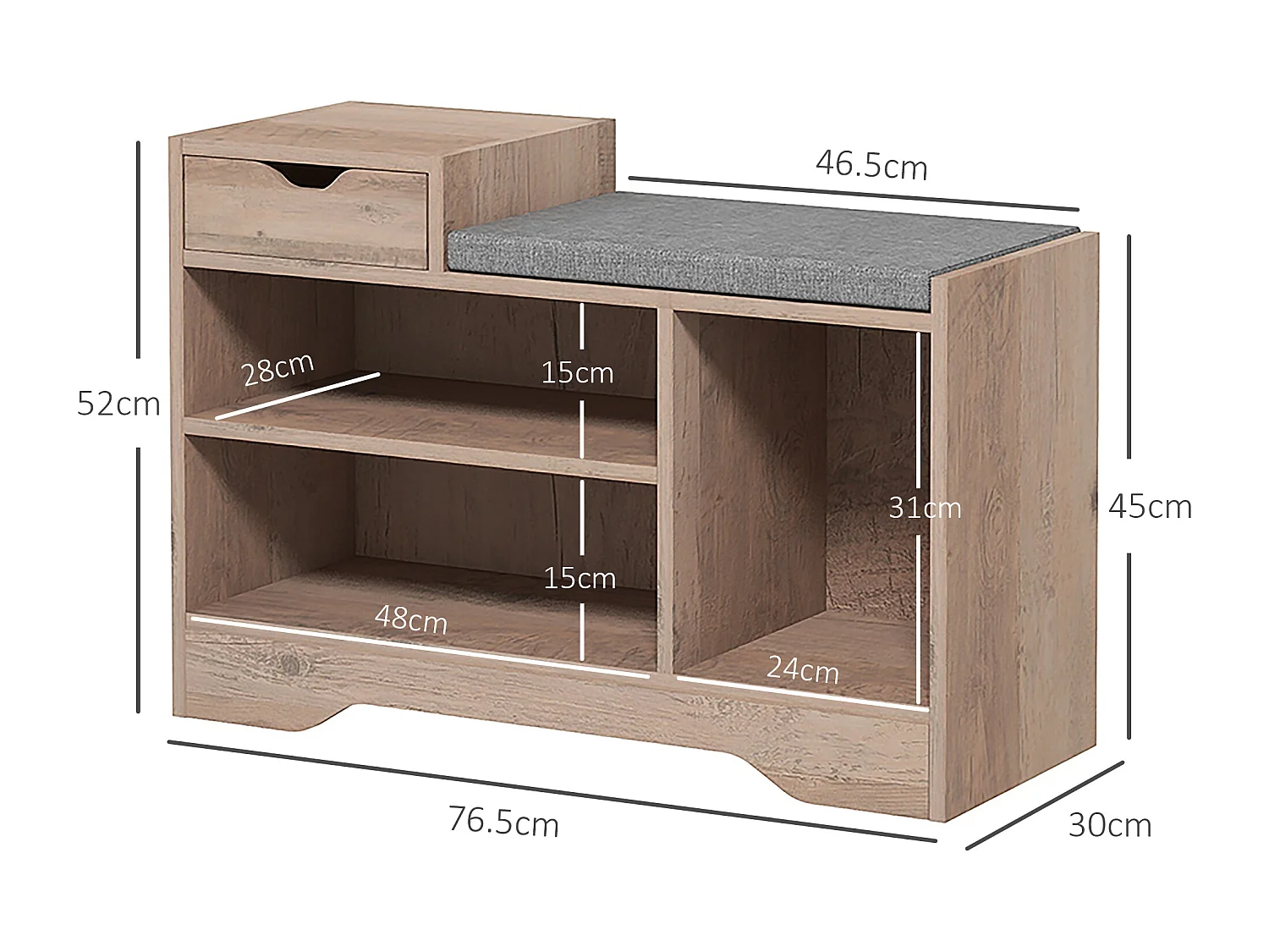 Panca scarpiera moderna con 3 ripiani e cassetti in legno grigio