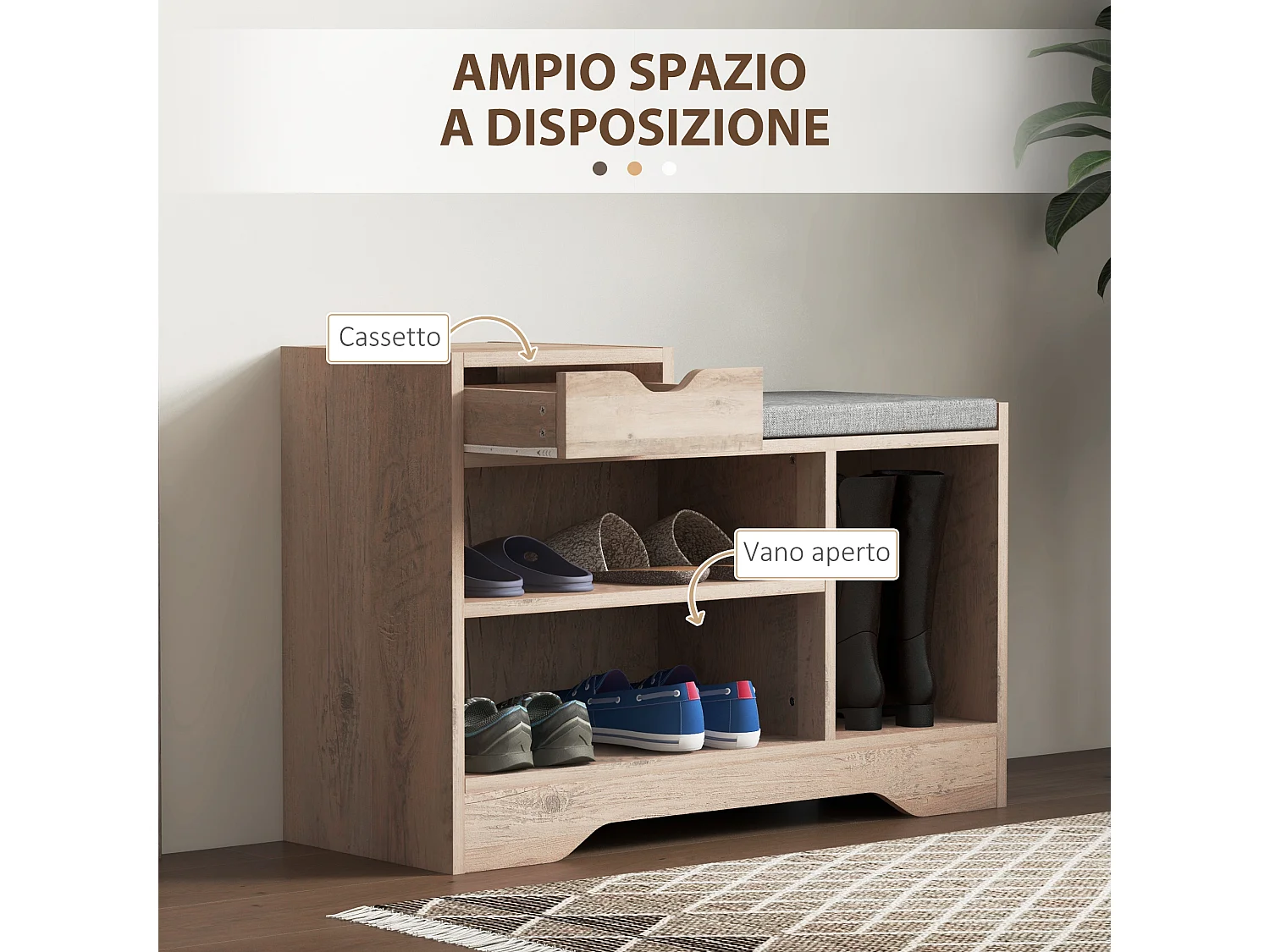 Panca scarpiera moderna con 3 ripiani e cassetti in legno grigio