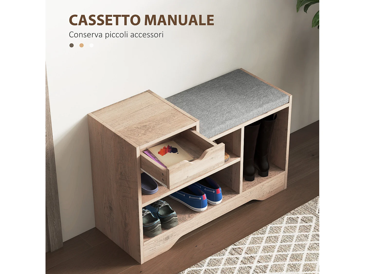 Panca scarpiera moderna con 3 ripiani e cassetti in legno grigio