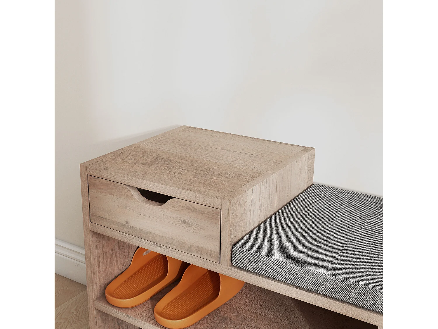 Panca scarpiera moderna con 3 ripiani e cassetti in legno grigio