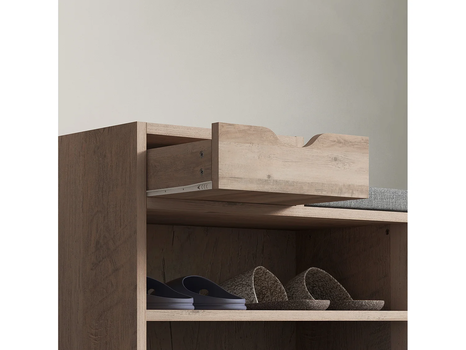 Panca scarpiera moderna con 3 ripiani e cassetti in legno grigio