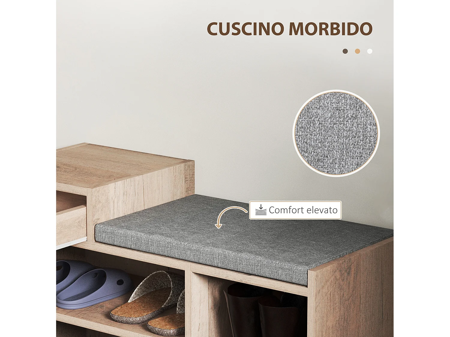 Panca scarpiera moderna con 3 ripiani e cassetti in legno grigio