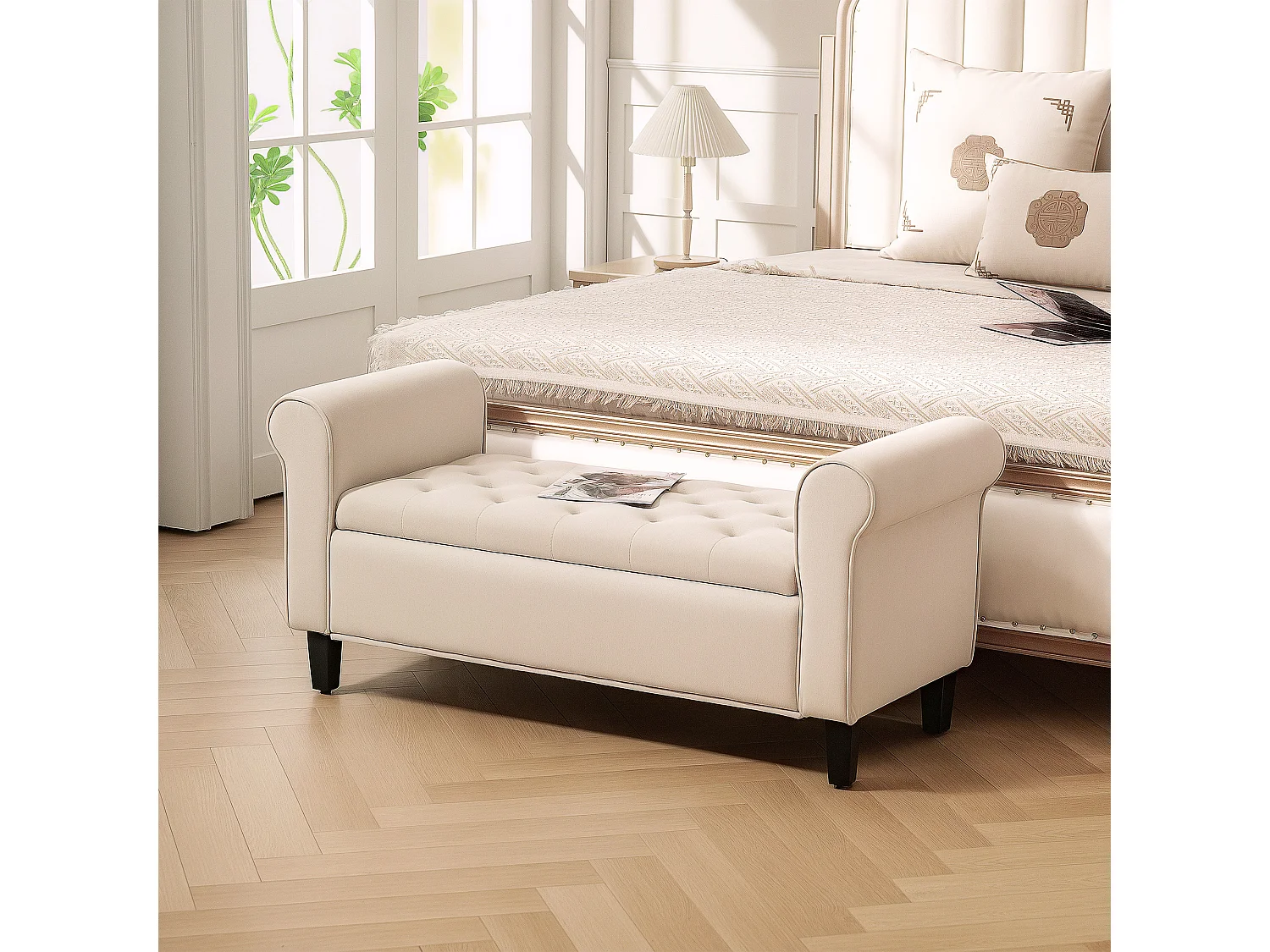 Panca fondo letto con spazio portaoggetti braccioli arrotolati