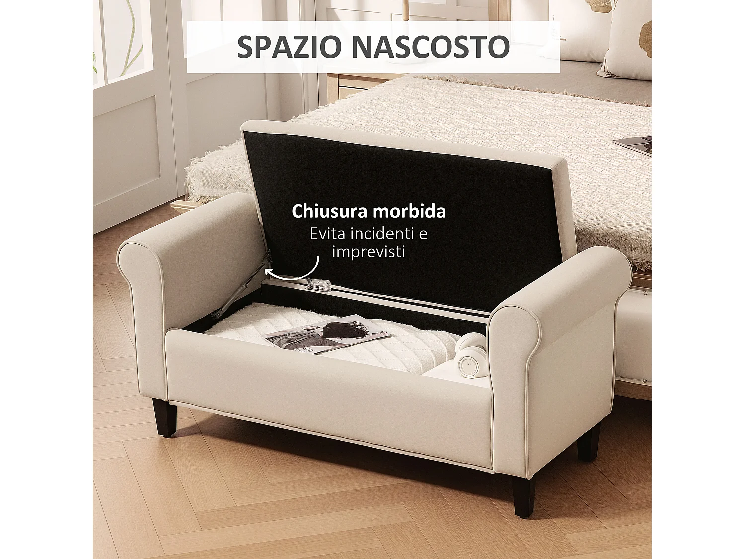 Panca fondo letto con spazio portaoggetti braccioli arrotolati