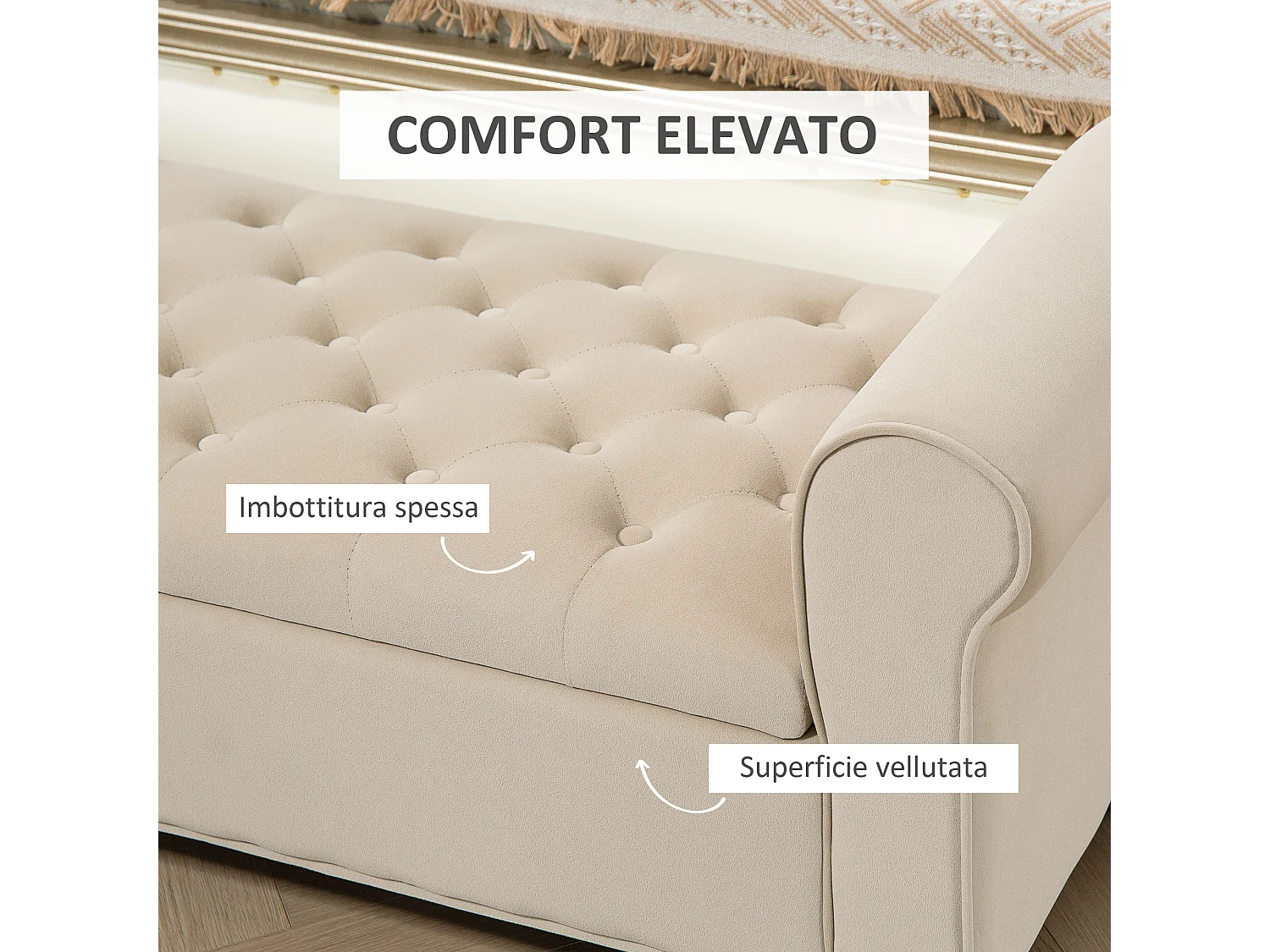 Panca fondo letto con spazio portaoggetti braccioli arrotolati