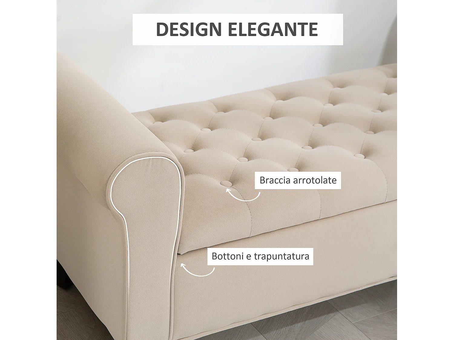 Panca fondo letto con spazio portaoggetti braccioli arrotolati