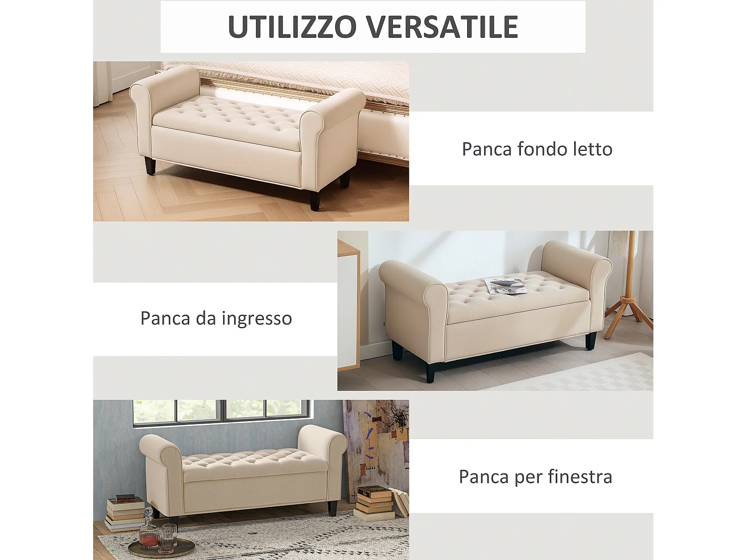 Panca fondo letto con spazio portaoggetti braccioli arrotolati