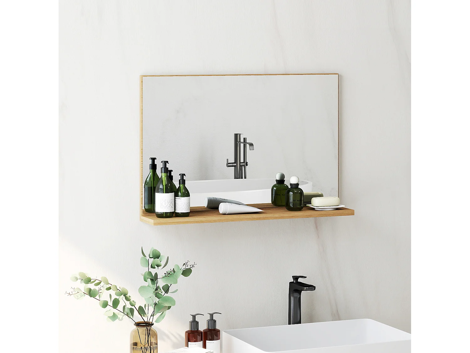 Specchio bagno da parete con mensola design moderno 60x12x40cm legno