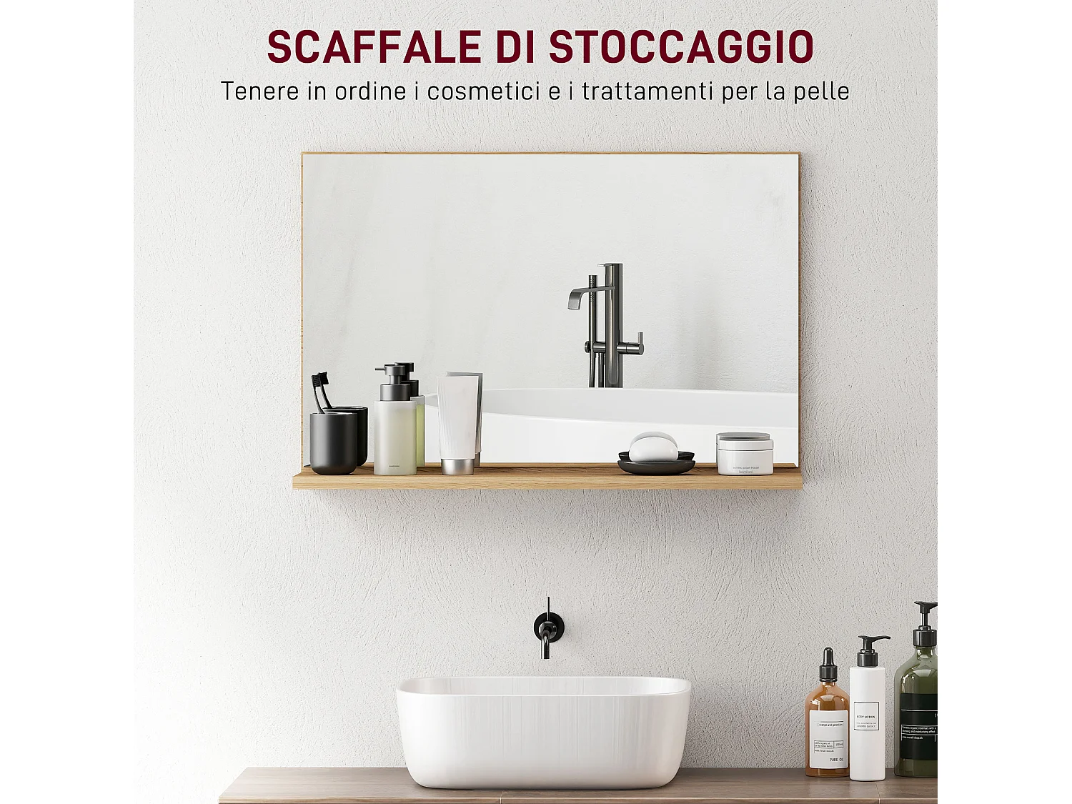 Specchio bagno da parete con mensola design moderno 60x12x40cm legno
