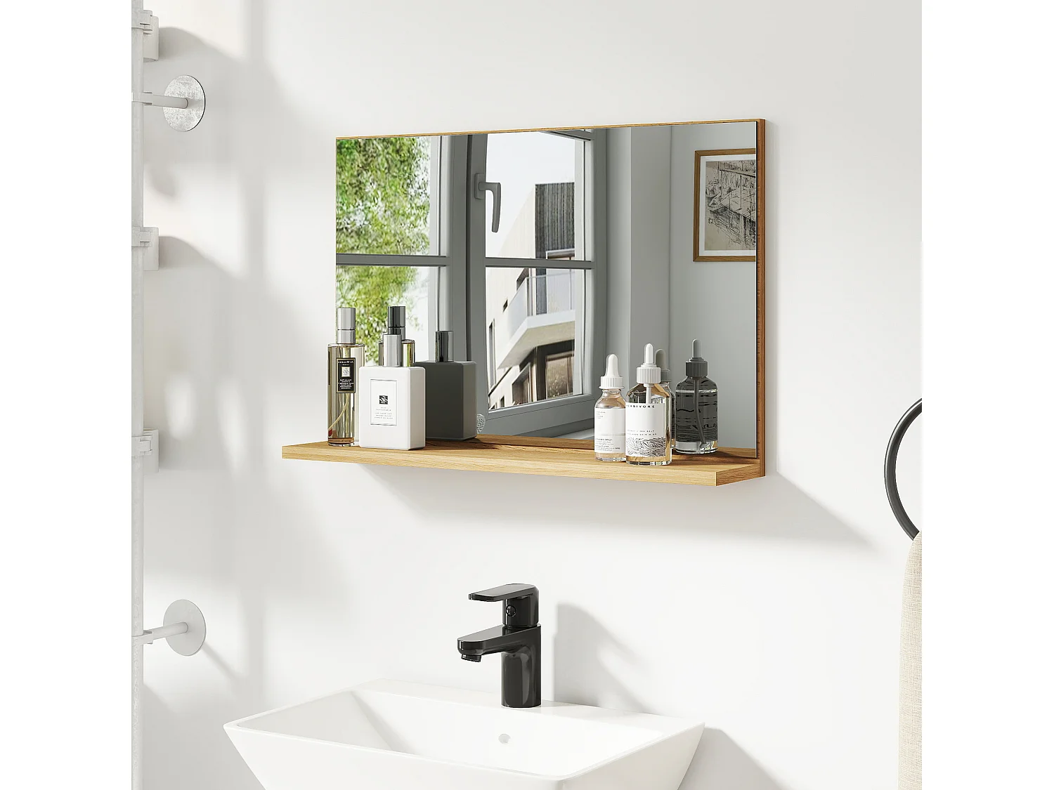 Specchio bagno da parete con mensola design moderno 60x12x40cm legno