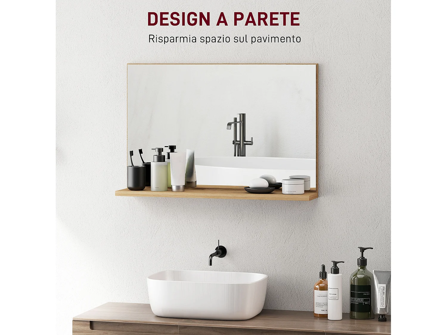 Specchio bagno da parete con mensola design moderno 60x12x40cm legno