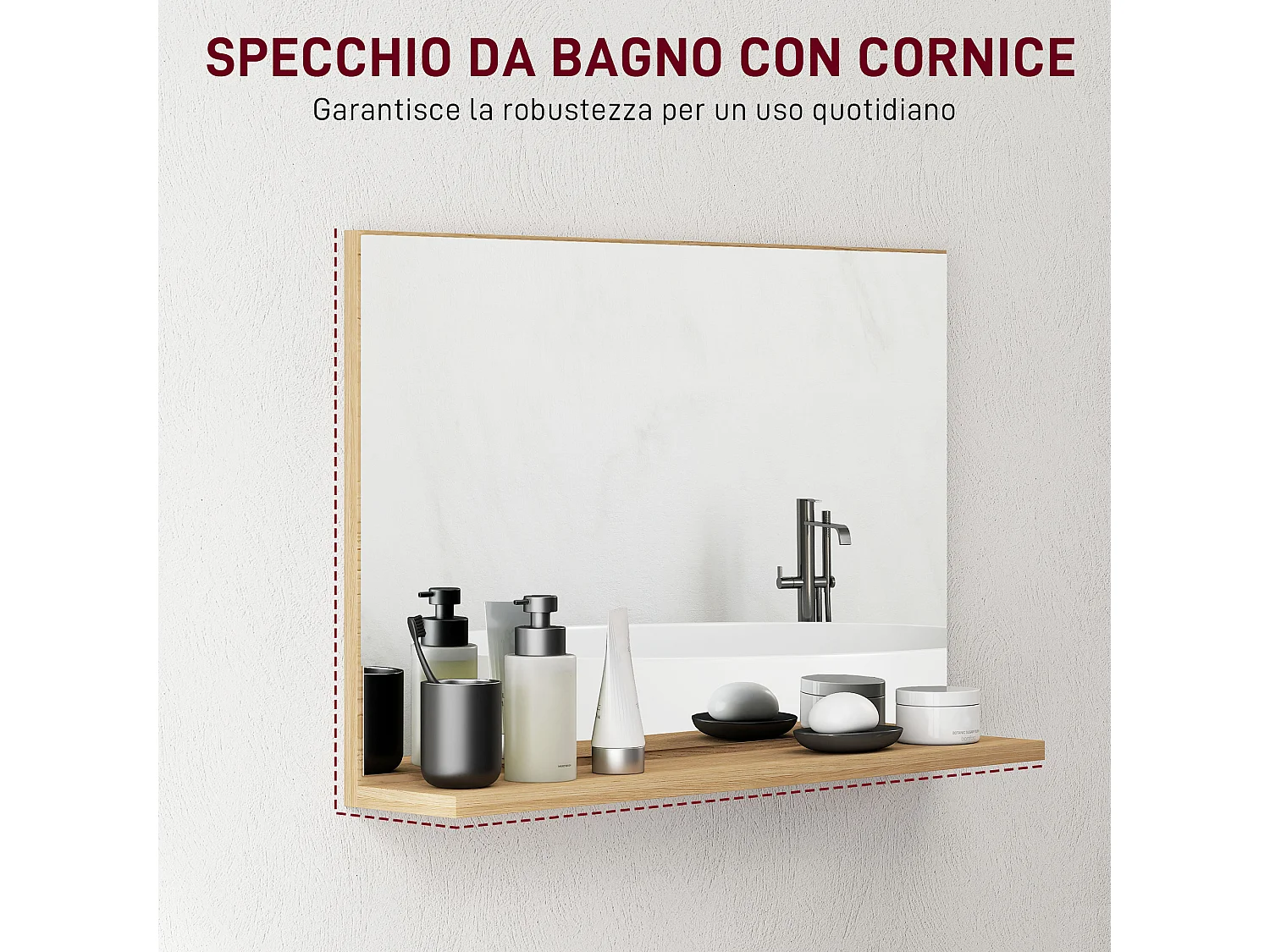 Specchio bagno da parete con mensola design moderno 60x12x40cm legno