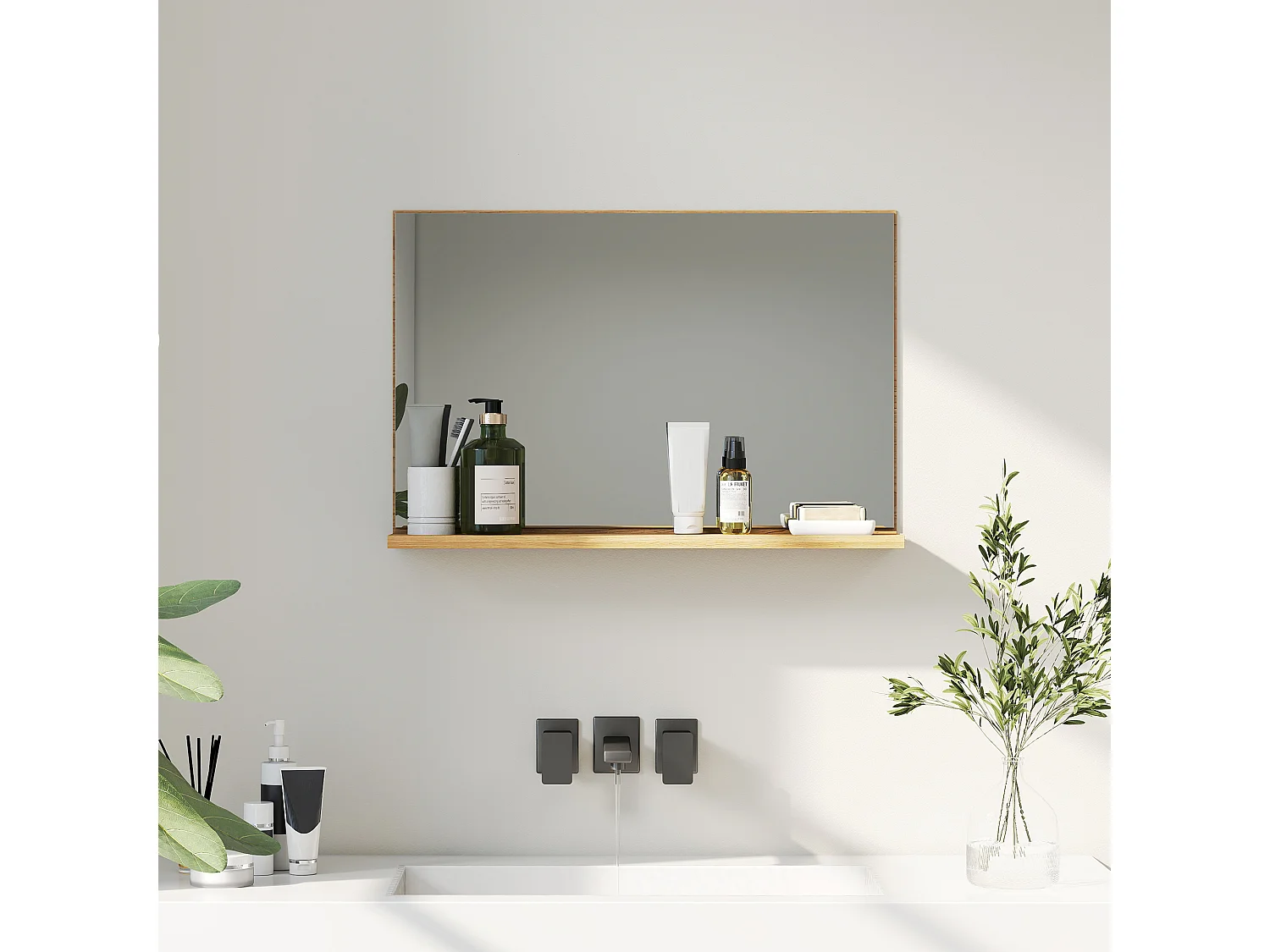 Specchio bagno da parete con mensola design moderno 60x12x40cm legno