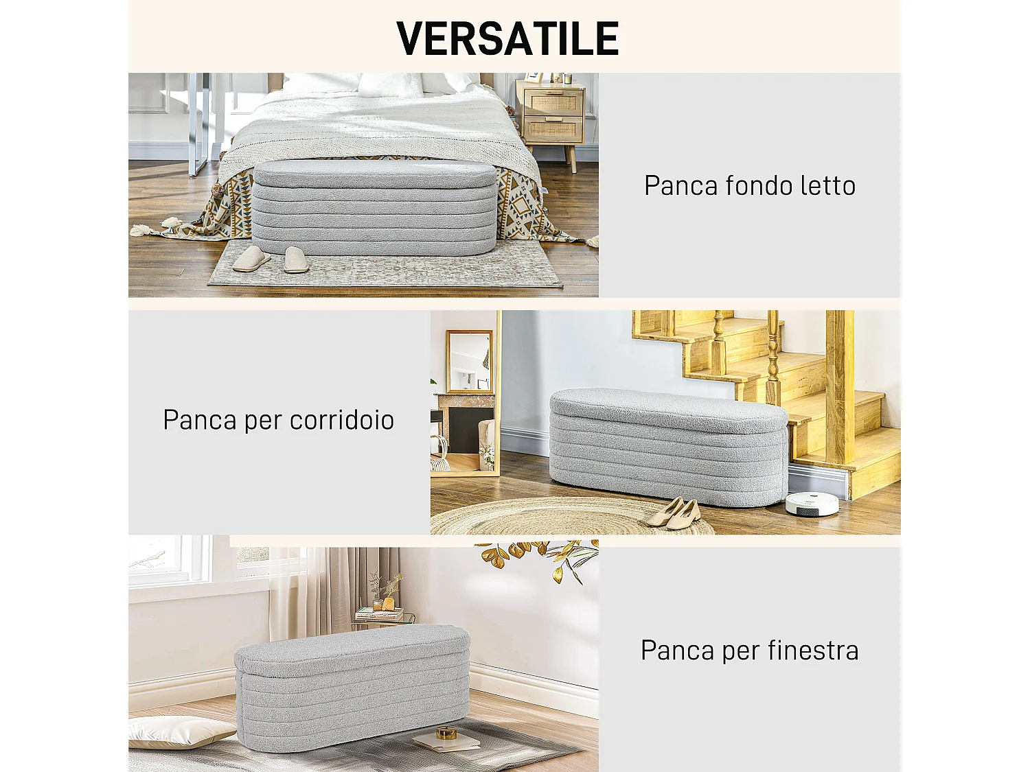 Panca fondo letto con contenitore in tessuto teddy grigio chiaro
