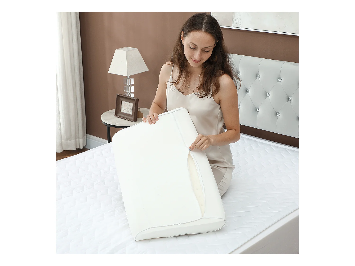 Cuscino cervicale in memory foam a doppia altezza 60x40x10/12 cm crema