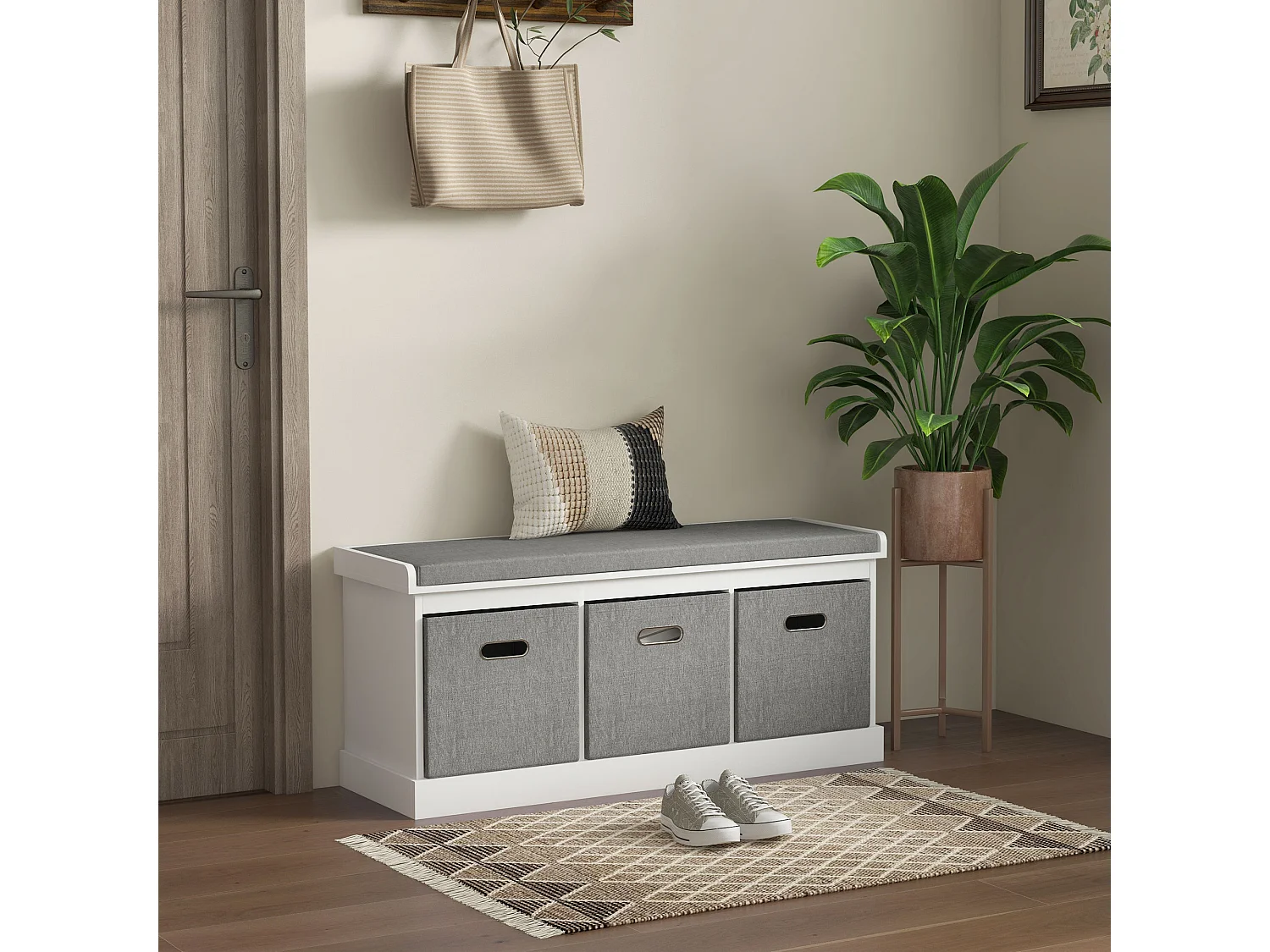 Panca scarpiera con 3 cassetti e seduta imbottita bianco