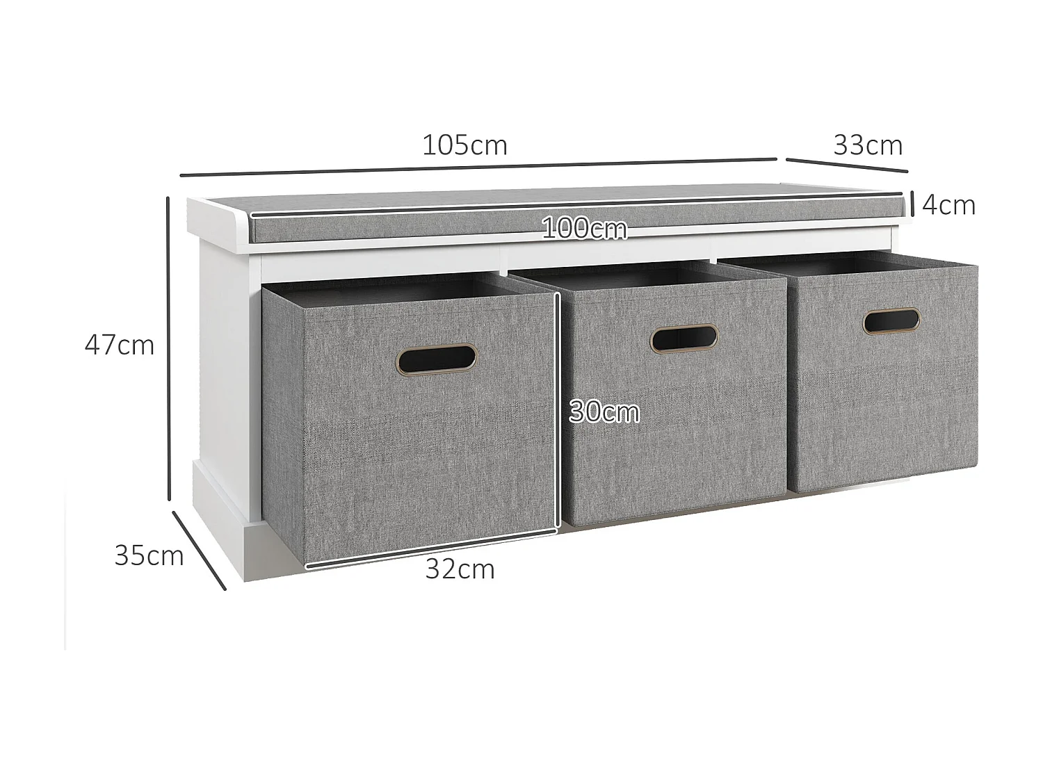 Panca scarpiera con 3 cassetti e seduta imbottita bianco