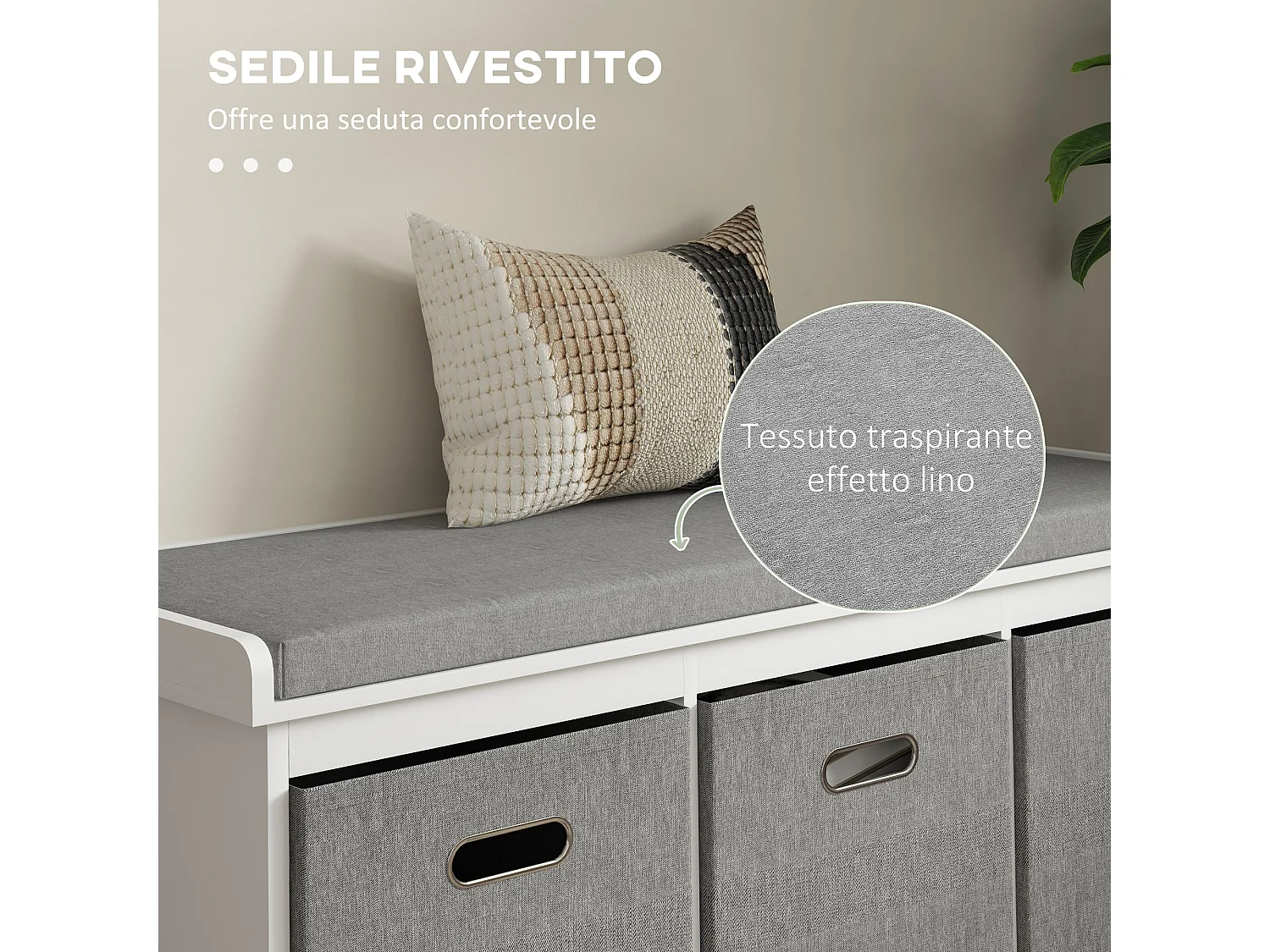 Panca scarpiera con 3 cassetti e seduta imbottita bianco