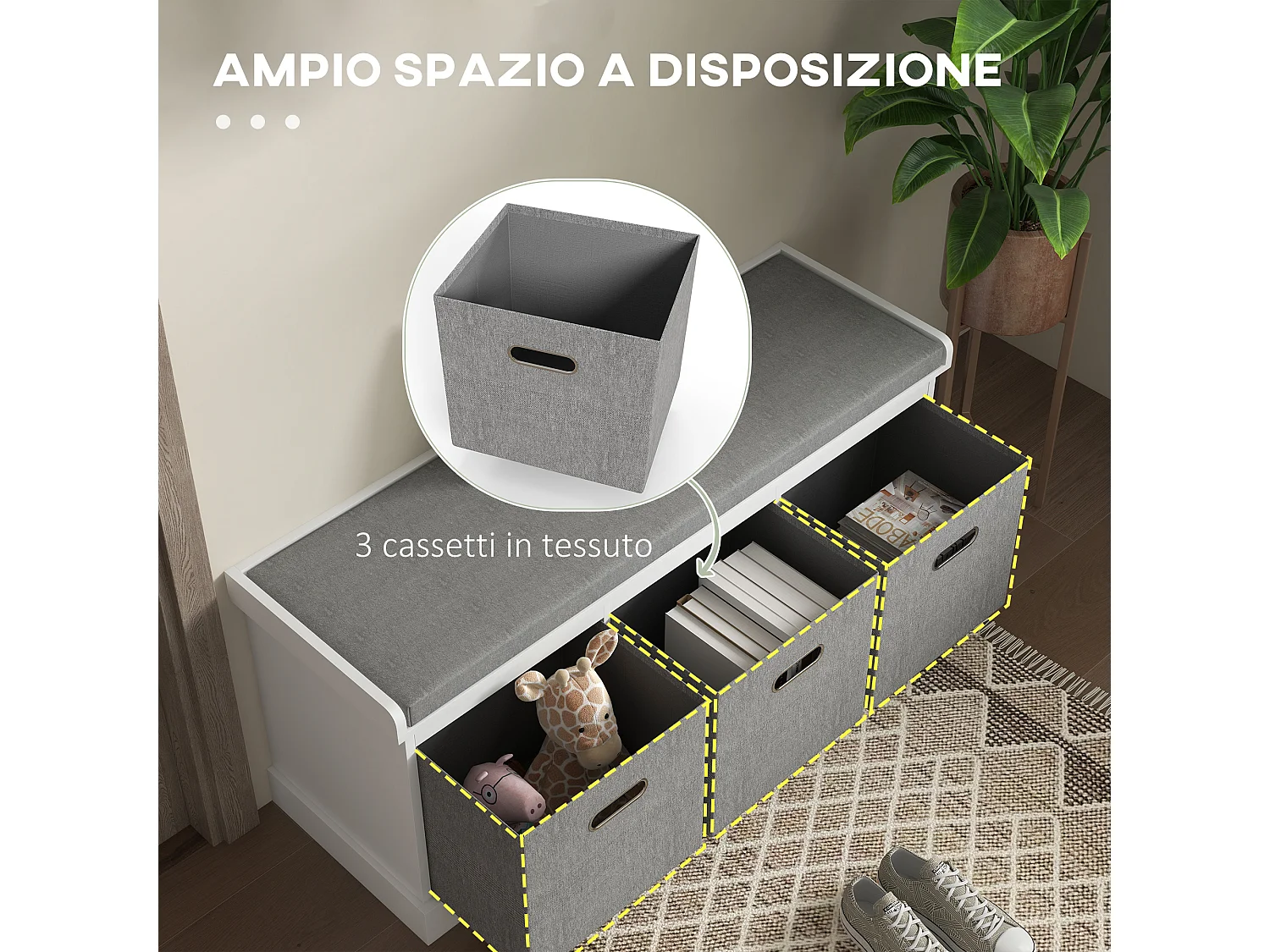 Panca scarpiera con 3 cassetti e seduta imbottita bianco