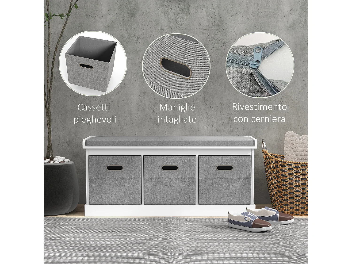 Panca scarpiera con 3 cassetti e seduta imbottita bianco