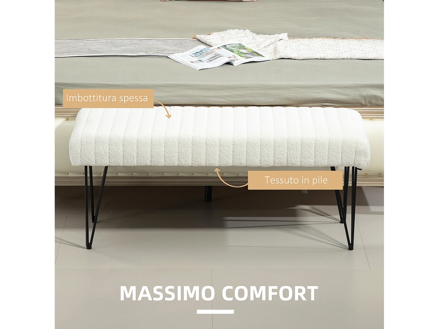 Panca fondoletto moderna con gambe a forcina bianco crema