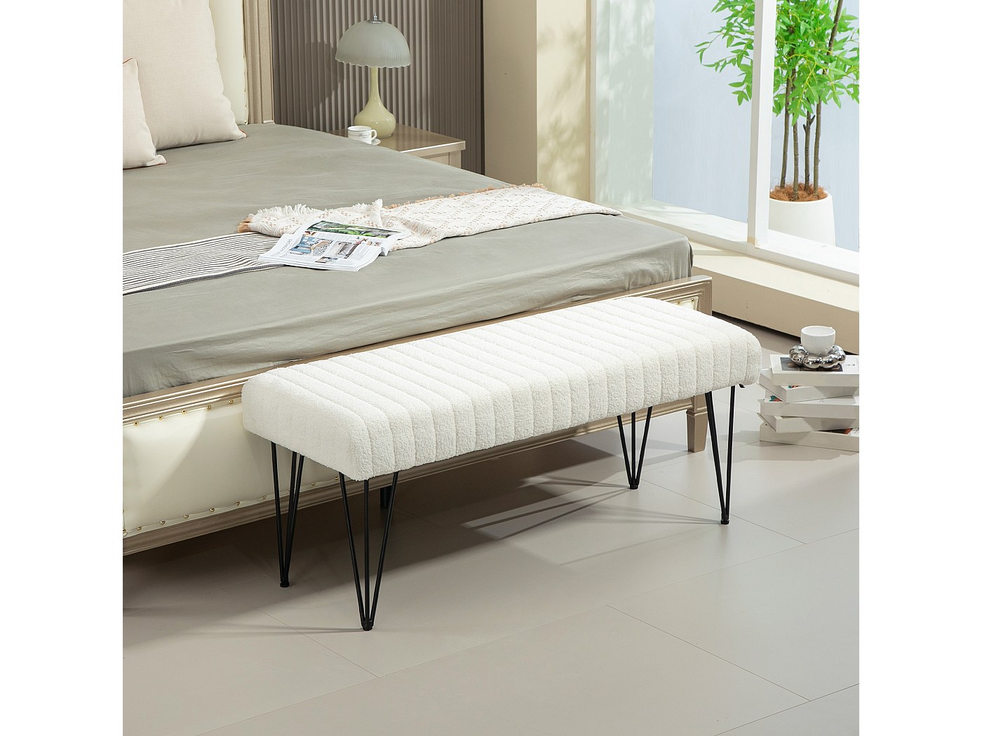 VONLUCE – Panca Fine Letto Capitonné In Legno Di Gomma E Imbottitura Memory Foam – Beige, 78,7 X 40,6 X 45,7 Cm