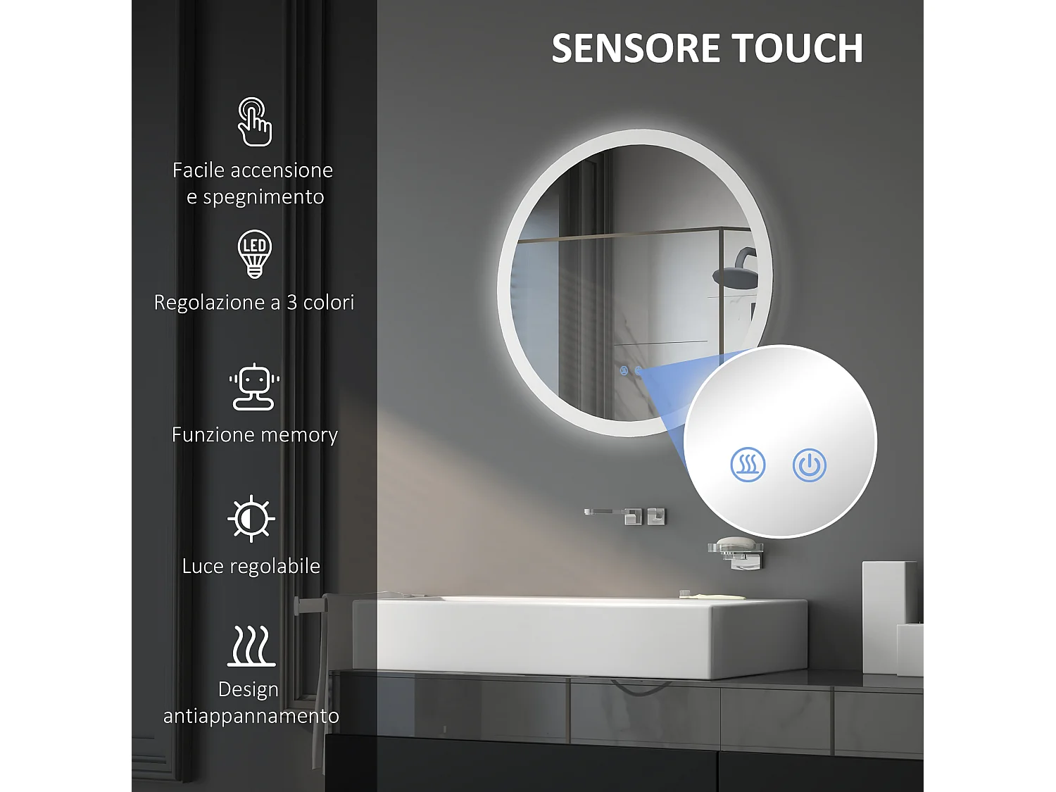 Specchio bagno illuminato regolabile e antiappannamento Ø60cm