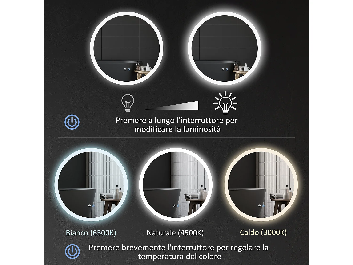 Specchio bagno illuminato regolabile e antiappannamento Ø60cm
